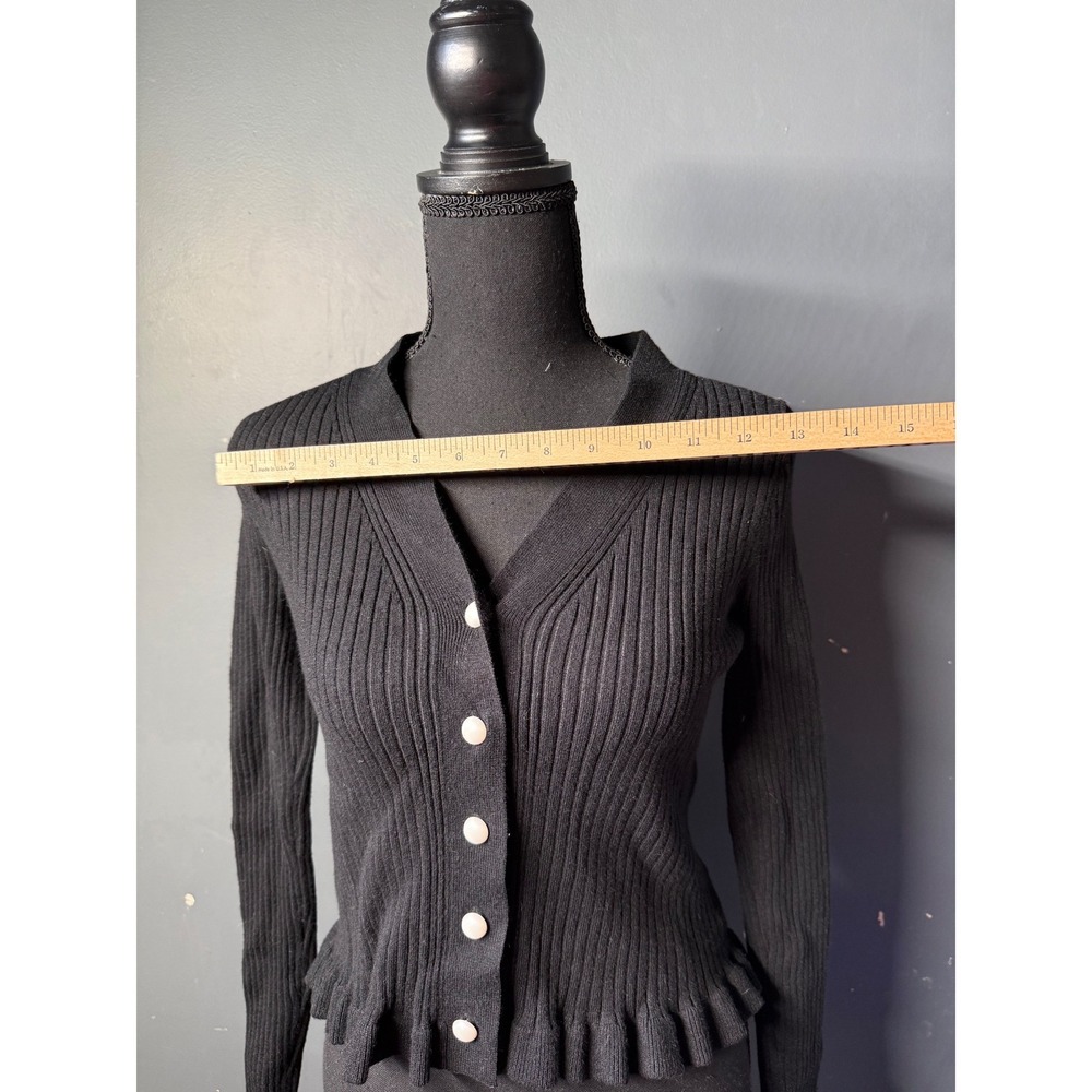 Commense Black Ribbed Peplum‎ Cardigan Ruffle Cuff Button Front V-Neck Large - Picture 7 of 8